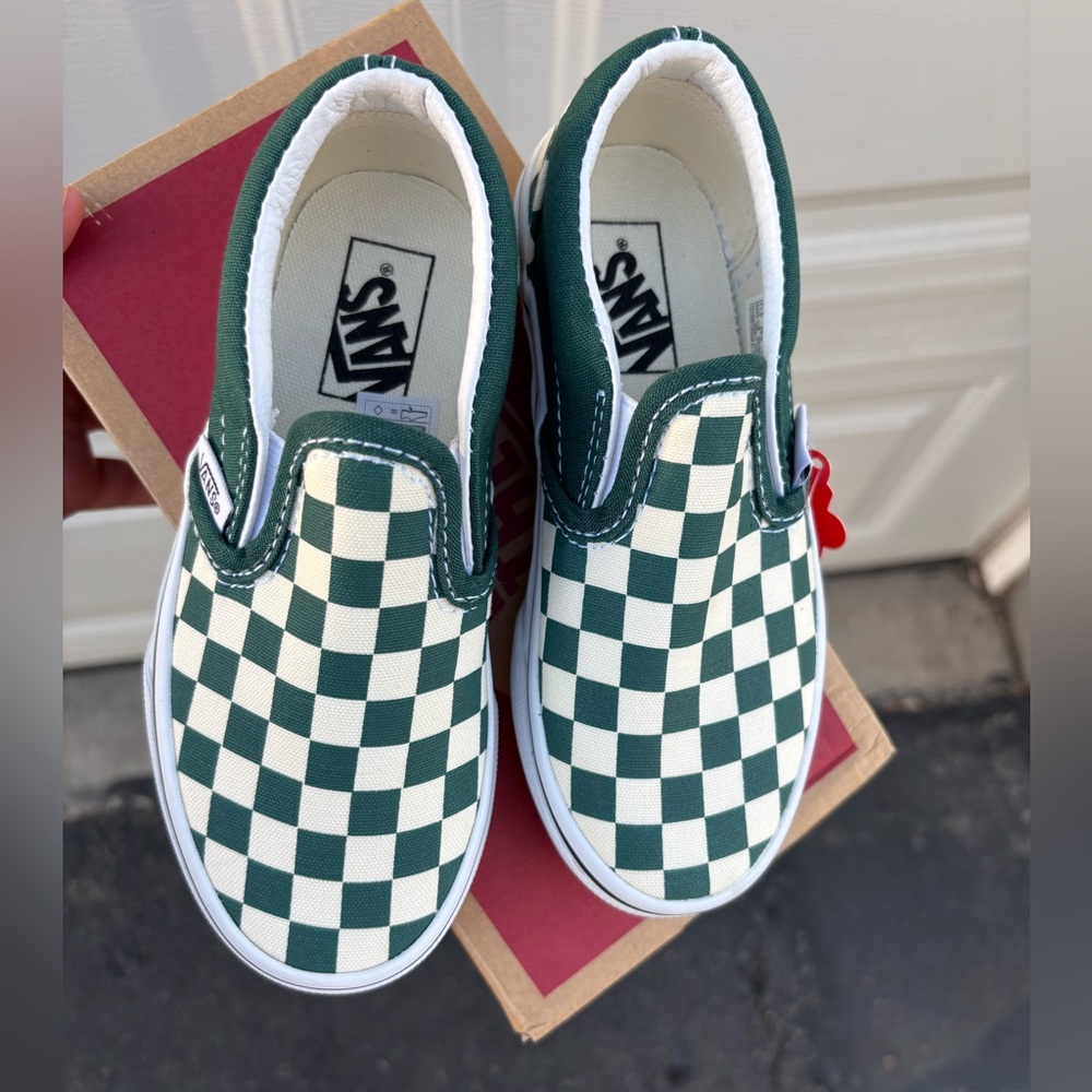 Vans Kids Green and White Checkered Slip-On Sneakers